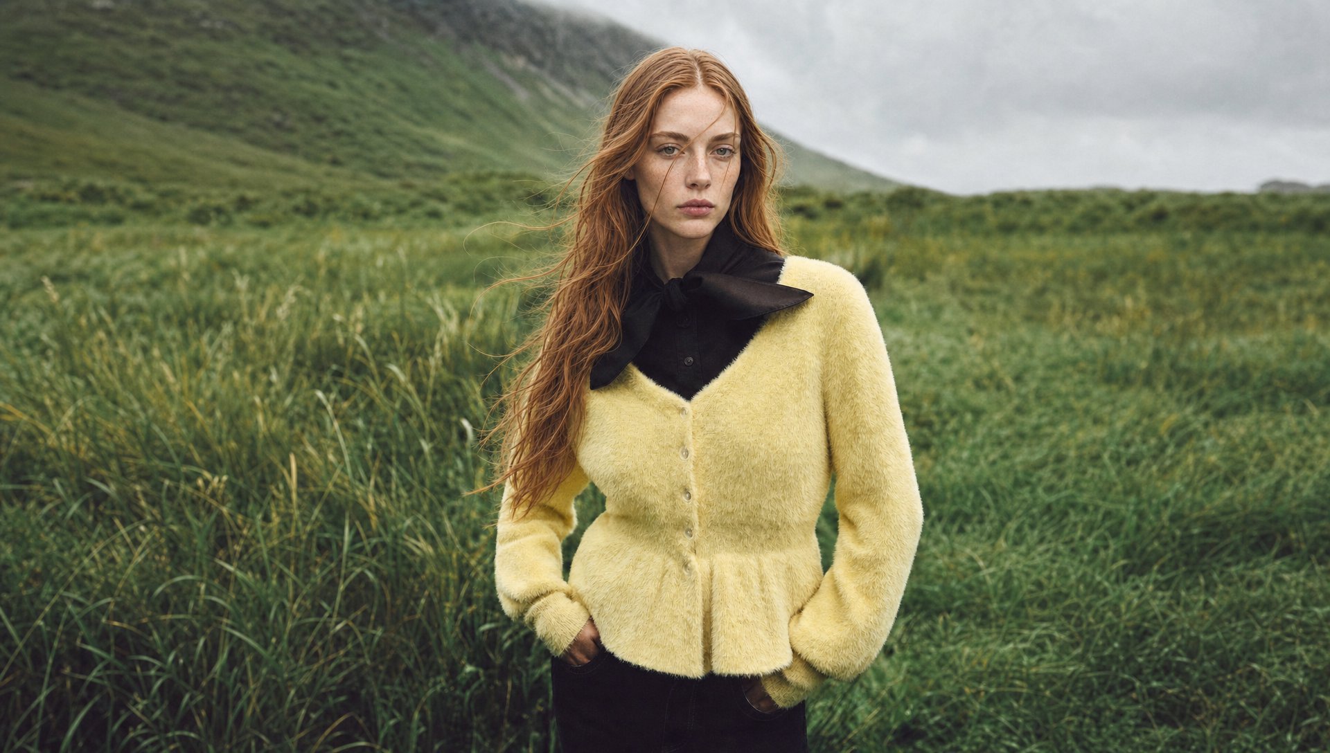 Portrait in yellow knitwear against a Highland landscape