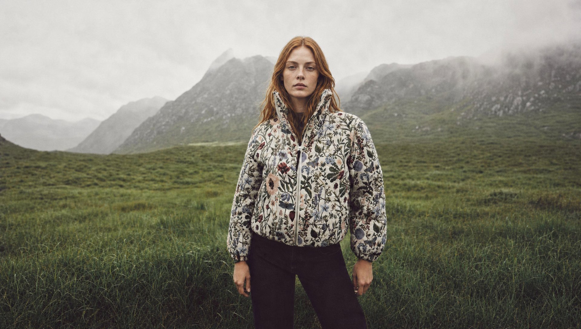 Patterned outerwear in an atmospheric valley