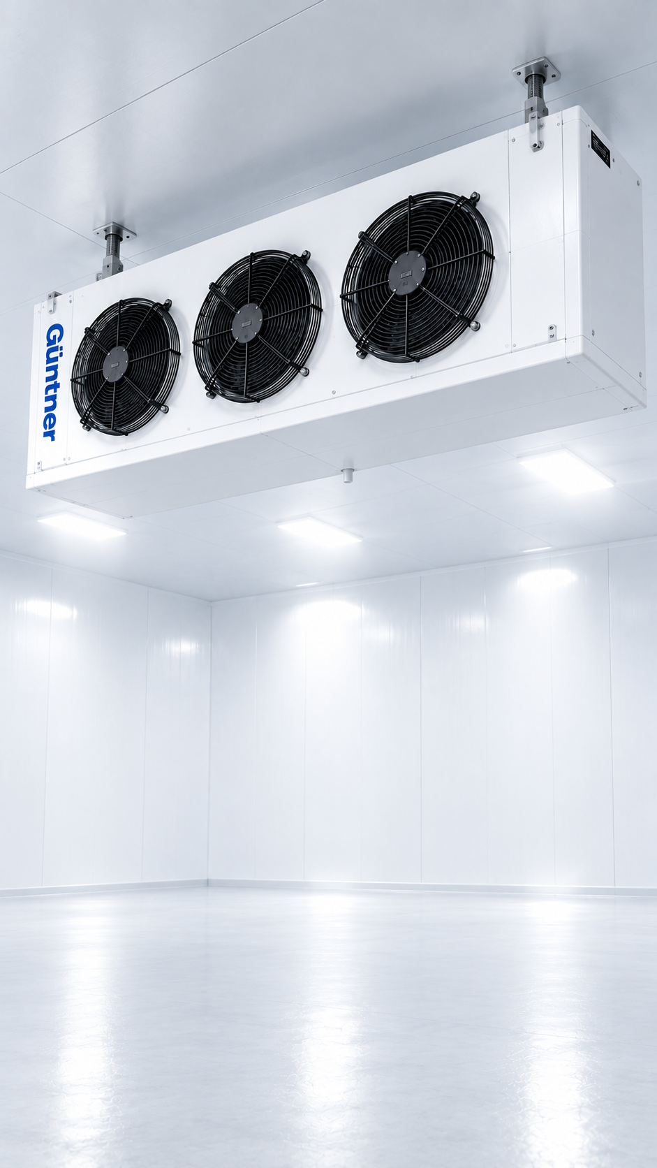 Visual conceptual del CubicCOMPACT con tres ventiladores en una sala blanca